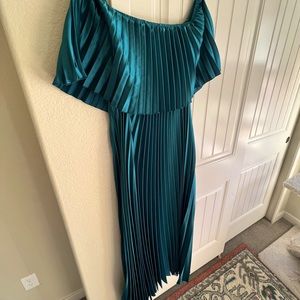 Green satin, pleated long gown. NWOT